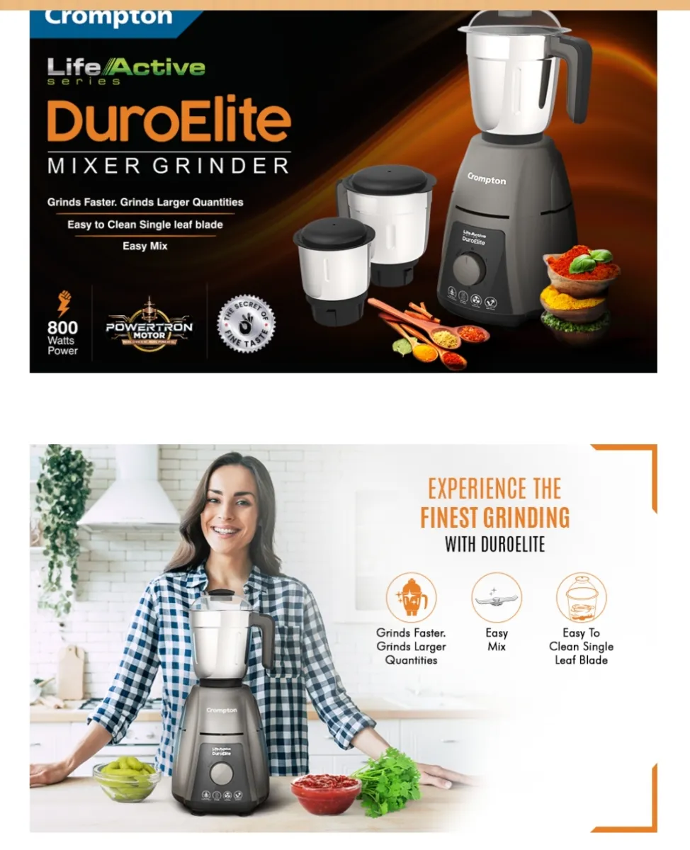 Thumbnail 2 of Crompton Duro Elite Mixer Grinder with Motor Vent-X Technology (3 Stainless Steel Jars, Metalic Finish (For Rent)